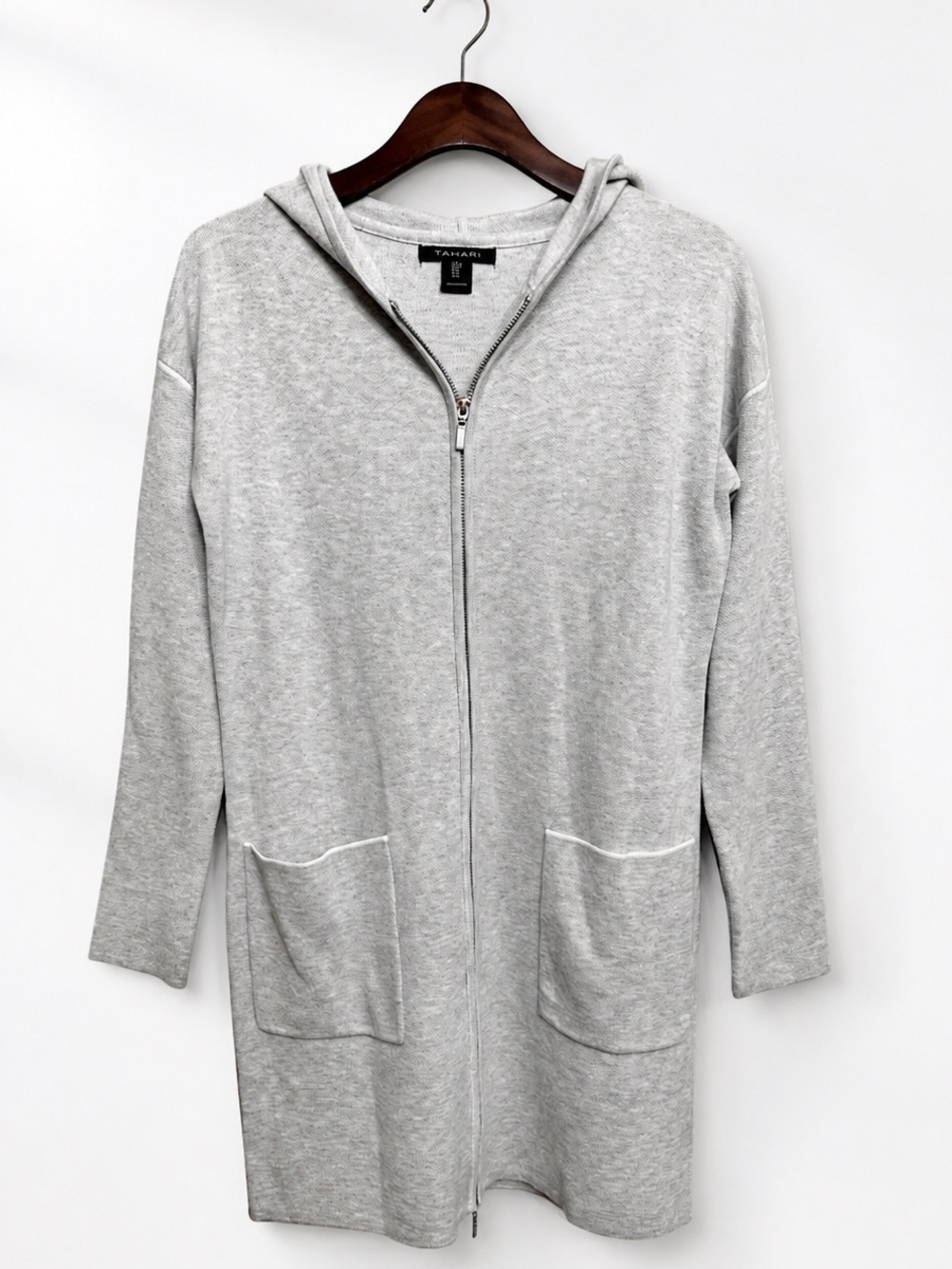 Tahari Knit Sweater Long Hooded Cardigan Gray Long Sleeve Zip Front Size Small